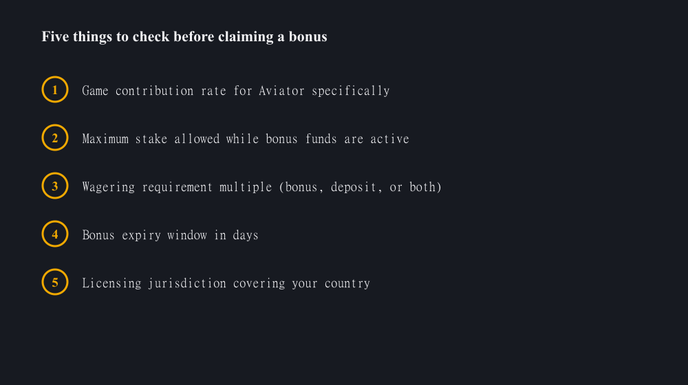 Infographic checklist of five things to check in an Aviator casino bonus before depositing