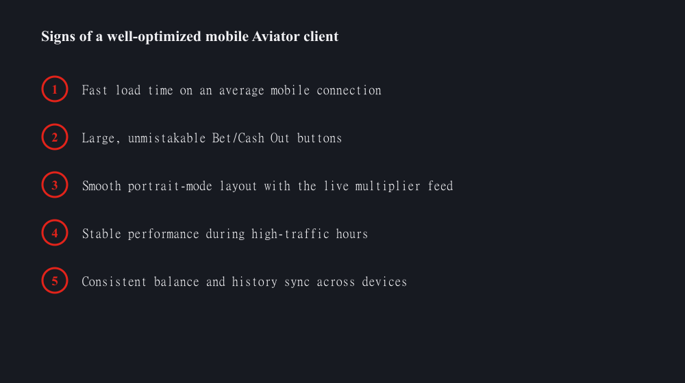 Infographic checklist covering load time, tap target size, orientation handling, stability and account sync for mobile Aviator play